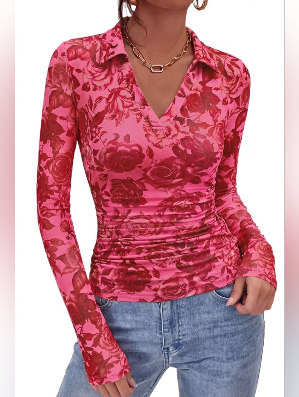 NWT Pink Red Floral Mesh Blouse Women’s Small V-Neck Ruched Fitted